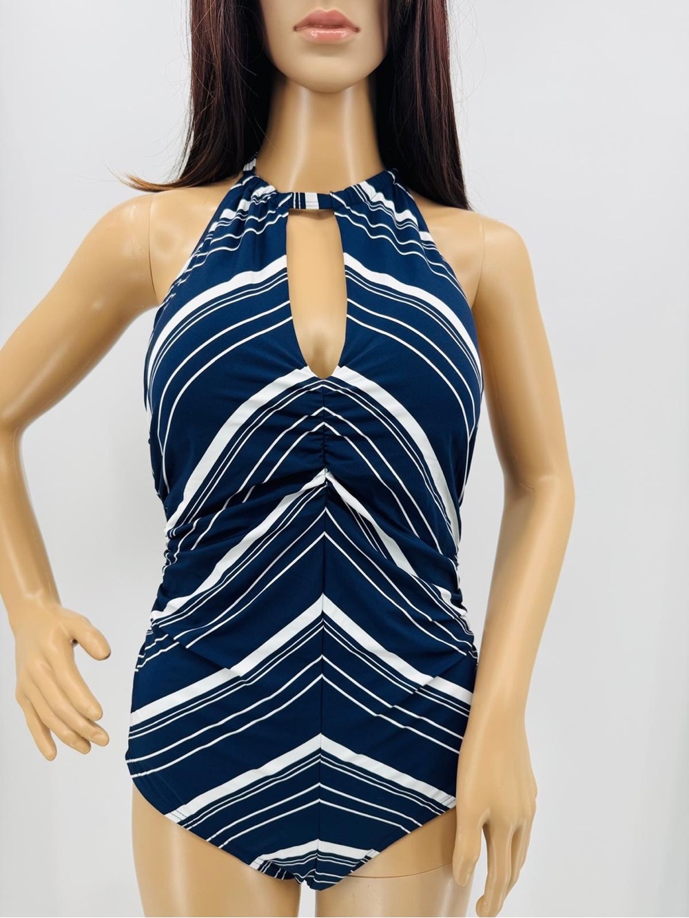 Sundance Di Luna Chevron Print Striped Halter Keyhole Cut Out One Piece Swimsuit